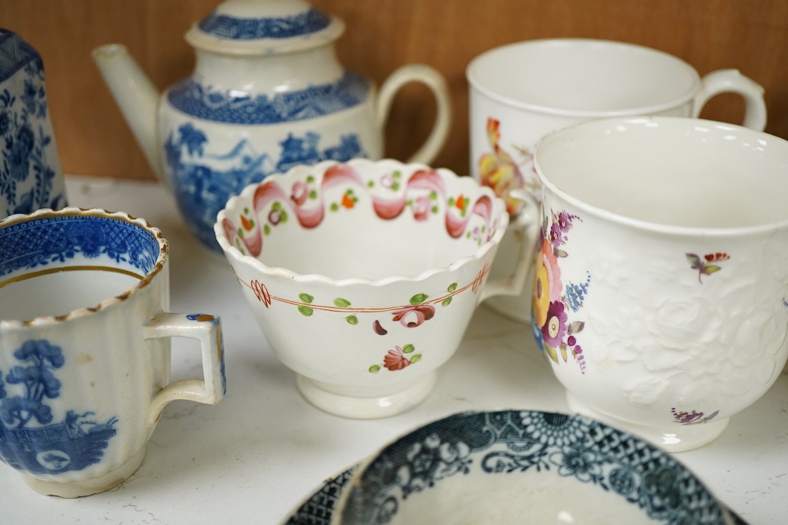A group of late 18th century cream ware including a tea caddy a slops bowl, a tea bowl and saucer etc. and various 19th-century porcelain and pottery, blue and white tea caddy, 12cm high.